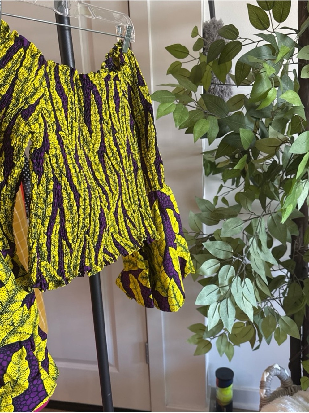 Womens Yellow & Purple Smocked Off-Shoulder Top